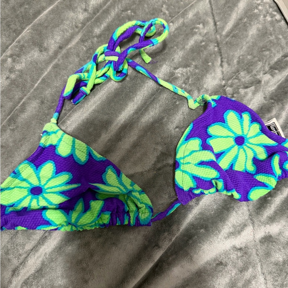 Xhilaration Purple & Lime Green Floral Triangle Bikini Top